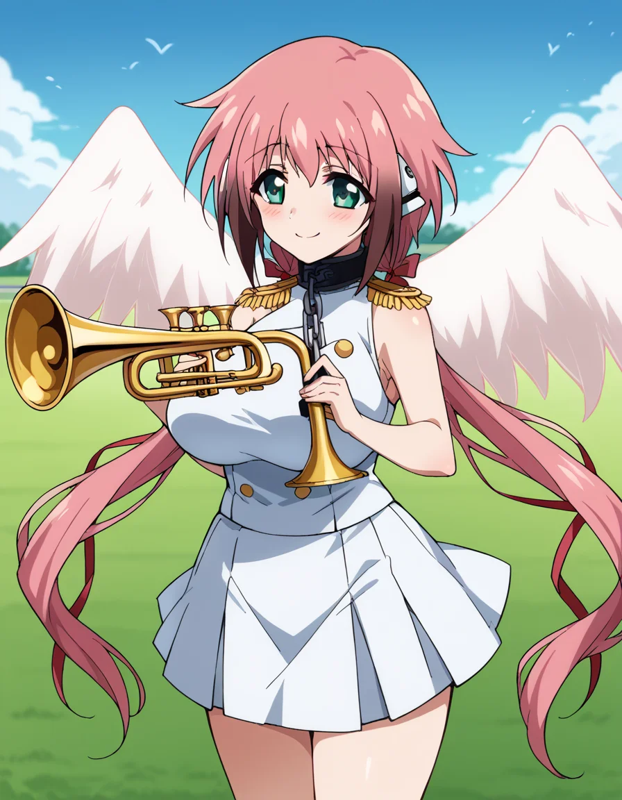 score_9, score_8_up, score_7_up, source_anime, <lora:ikaros-s2-ponyxl-lora-nochekaiser:1>, ikaros, long hair, bangs, large breasts, twintails, very long hair, green eyes, hair ribbon, pink hair, angel wings, robot ears, collar, chain, large breasts,, <lora:band-uniform-ponyxl-lora-nochekaiser:1> band uniform, marching band, shako cap, trumpet, epaulettes, instrument, sleeveless, skirt, white skirt, miniskirt, playing instrument, track and field, blush, smile,, cowboy shot,