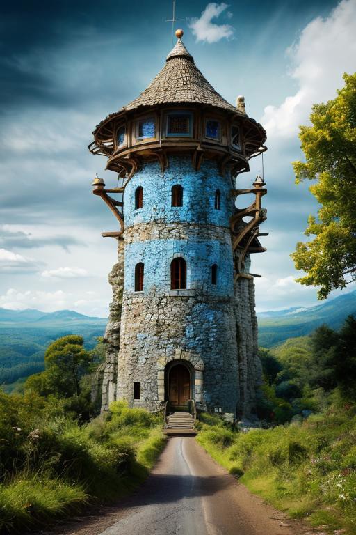 realistic analog photo, award winning photo, GoldMoonstoneWorld witow, no humans, scenery, blue sky, road, nature, outdoors, RAW, highres, 8k, uhd, High Dynamic Range, tonemapping, crisp details, portcullis,