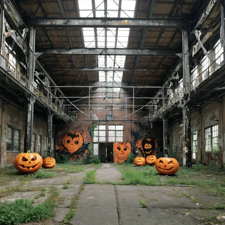 old abandoned factory decorated for halloween <lora:Halloween_XL:1>
