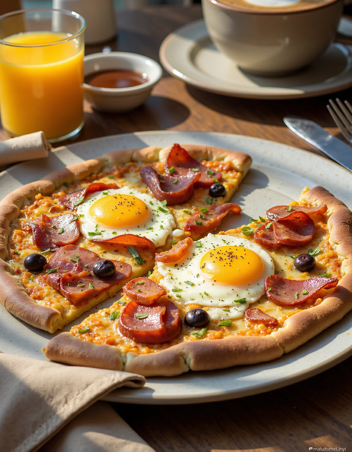 A high-resolution food photograph showcasing a delicious breakfast pizza served on a large white plate. The pizza has a golden, crispy crust with a slightly charred edge, topped with melted cheese, sunny-side-up eggs with runny yolks, crispy bacon strips, slices of smoked sausage, and roasted, sliced smoked tomatoes. A creamy, slightly tangy hollandaise-style sauce is drizzled over the pizza, adding a luxurious texture. Freshly cracked black pepper and finely chopped chives are sprinkled on top for a vibrant finish.
The pizza is placed on a wooden table with natural lighting, accompanied by a fork and knife beside the plate. A folded beige linen napkin adds a touch of elegance. In the slightly blurred background, a glass of fresh orange juice and a steaming cup of coffee sit next to a small dish of extra sauce, enhancing the breakfast atmosphere.
<lora:FluxDFaeTasticDetails:1> <lora:AntiBlur:1>