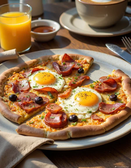 A high-resolution food photograph showcasing a delicious breakfast pizza served on a large white plate. The pizza has a golden, crispy crust with a slightly charred edge, topped with melted cheese, sunny-side-up eggs with runny yolks, crispy bacon strips, slices of smoked sausage, and roasted, sliced smoked tomatoes. A creamy, slightly tangy hollandaise-style sauce is drizzled over the pizza, adding a luxurious texture. Freshly cracked black pepper and finely chopped chives are sprinkled on top for a vibrant finish.
The pizza is placed on a wooden table with natural lighting, accompanied by a fork and knife beside the plate. A folded beige linen napkin adds a touch of elegance. In the slightly blurred background, a glass of fresh orange juice and a steaming cup of coffee sit next to a small dish of extra sauce, enhancing the breakfast atmosphere.
 <lora:FluxDFaeTasticDetails:1>   <lora:AntiBlur:1>