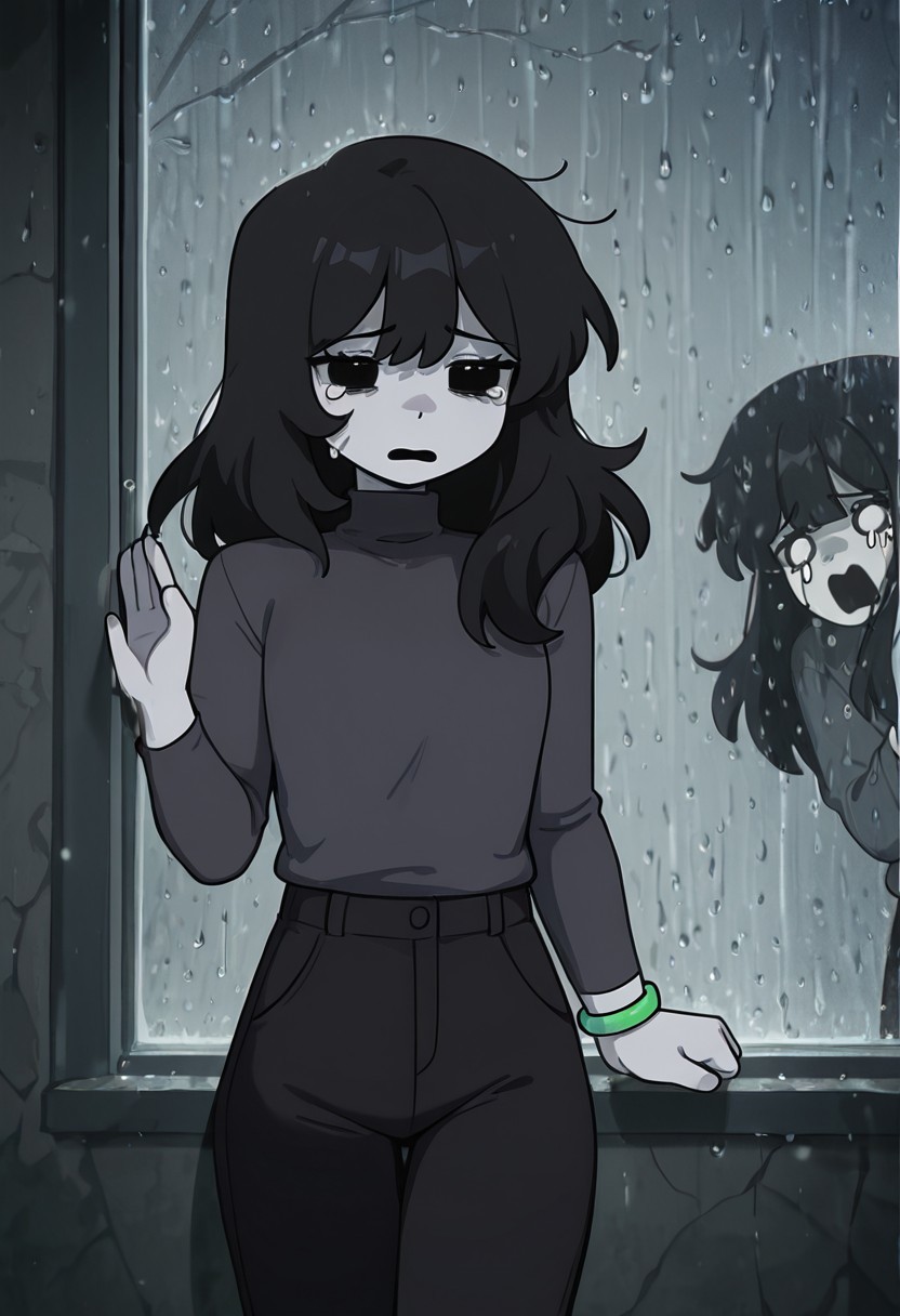 masterpiece, best quality, amazing quality, very aesthetic, absurdres, newest, detailed background, foreground blur, (( cartoon,  )),
charlieemily, 1girl, black hair, long hair, black eyes, dark grey shirt, turtleneck sweater, grey skin, black pants, long sleeves, single green bracelet square hair, square eyes, tears, tears down cheeks, shirt over pants,
behind window, screaming, banging on window, grey walls, from, inside, raining outdoors, standing outside, on window, sad, crying, pressing on window,