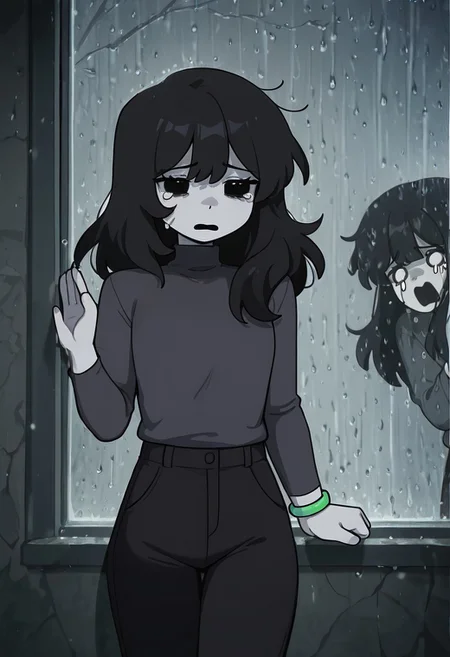 masterpiece, best quality, amazing quality, very aesthetic, absurdres, newest, detailed background, foreground blur, (( cartoon,  )),
charlieemily, 1girl, black hair, long hair, black eyes, dark grey shirt, turtleneck sweater, grey skin, black pants, long sleeves, single green bracelet square hair, square eyes, tears, tears down cheeks, shirt over pants,
behind window, screaming, banging on window, grey walls, from, inside, raining outdoors, standing outside, on window, sad, crying, pressing on window,