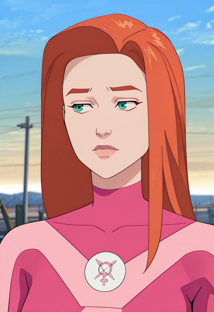 masterpiece, best quality, newest, absurdres, highres, 1girl, AT0Meve-INVPACK-JustEve.V1.0, redhead, long hair, ginger, orange hair, green eyes, AT0Meve-INVPACK.V1.0-Superherooutfit, pink bodysuit, superhero, cape, short cape, leotard, gloves, knee boots, pink footwear boots, portrait,