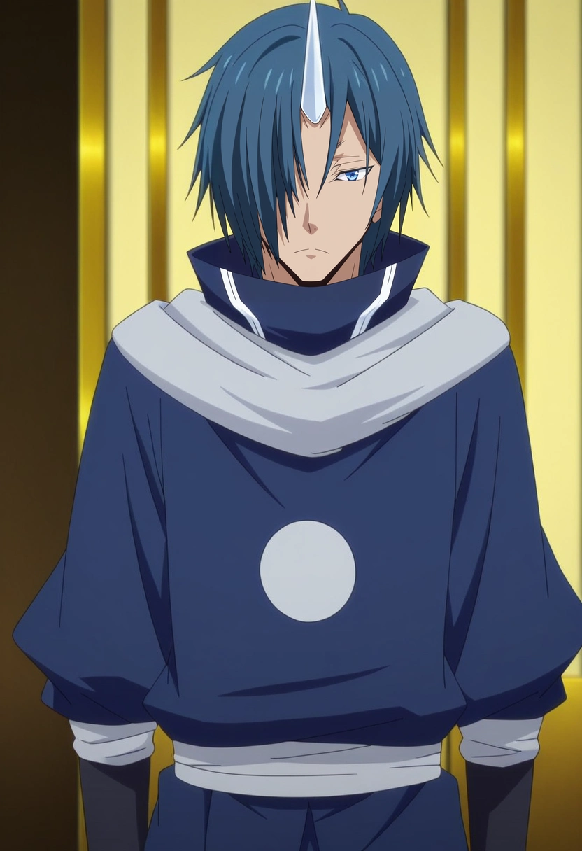 masterpiece, best quality, , anime screencap, anime coloring, , looking at viewer, 1boy, solo, male focus, <lora:souei_tensura_ilxl:0.94>, souei_tensura, blue hair, blue eyes, hair over one eye, single horn, , ,