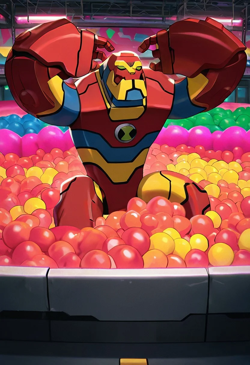 masterpiece, best quality, amazing quality, very aesthetic, absurdres, newest,, detailed background,
movie scene, cinematic scene, cinematic,
bloxx, robot, mecha, solo, armor, green eyes,, massive arms, upper body, , big head, massive head, short legs,
ball pit, colorful arcade, dynamic pose, jumping