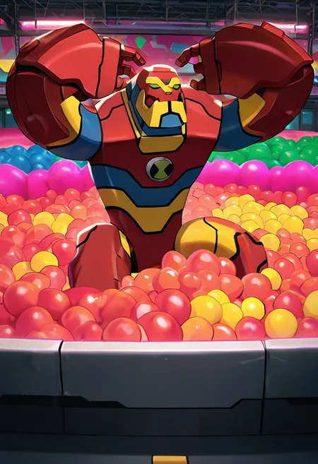masterpiece, best quality, amazing quality, very aesthetic, absurdres, newest,, detailed background,
movie scene, cinematic scene, cinematic,
bloxx, robot, mecha, solo, armor, green eyes,, massive arms, upper body, , big head, massive head, short legs,
ball pit, colorful arcade, dynamic pose, jumping