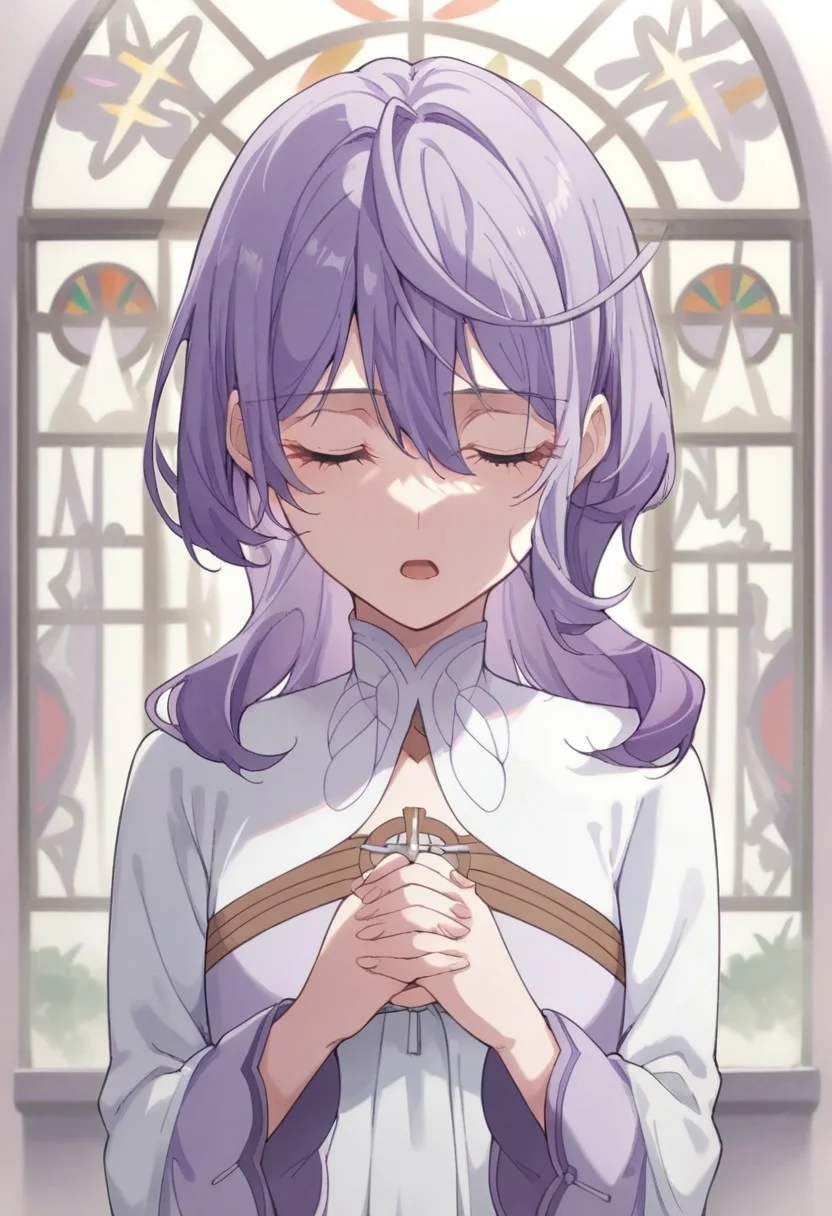 score_9, score_8_up, score_7_up, source_anime, philia parnacorta, purple hair, 1girl, closed eyes, solo, own hands together, open mouth, praying, own hands clasped, upper body, long sleeves, stained glass