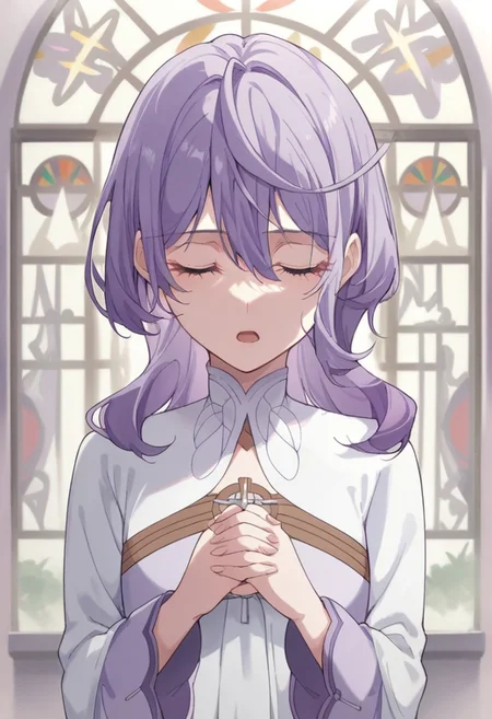score_9, score_8_up, score_7_up, source_anime, philia parnacorta, purple hair, 1girl, closed eyes, solo, own hands together, open mouth, praying, own hands clasped, upper body, long sleeves, stained glass