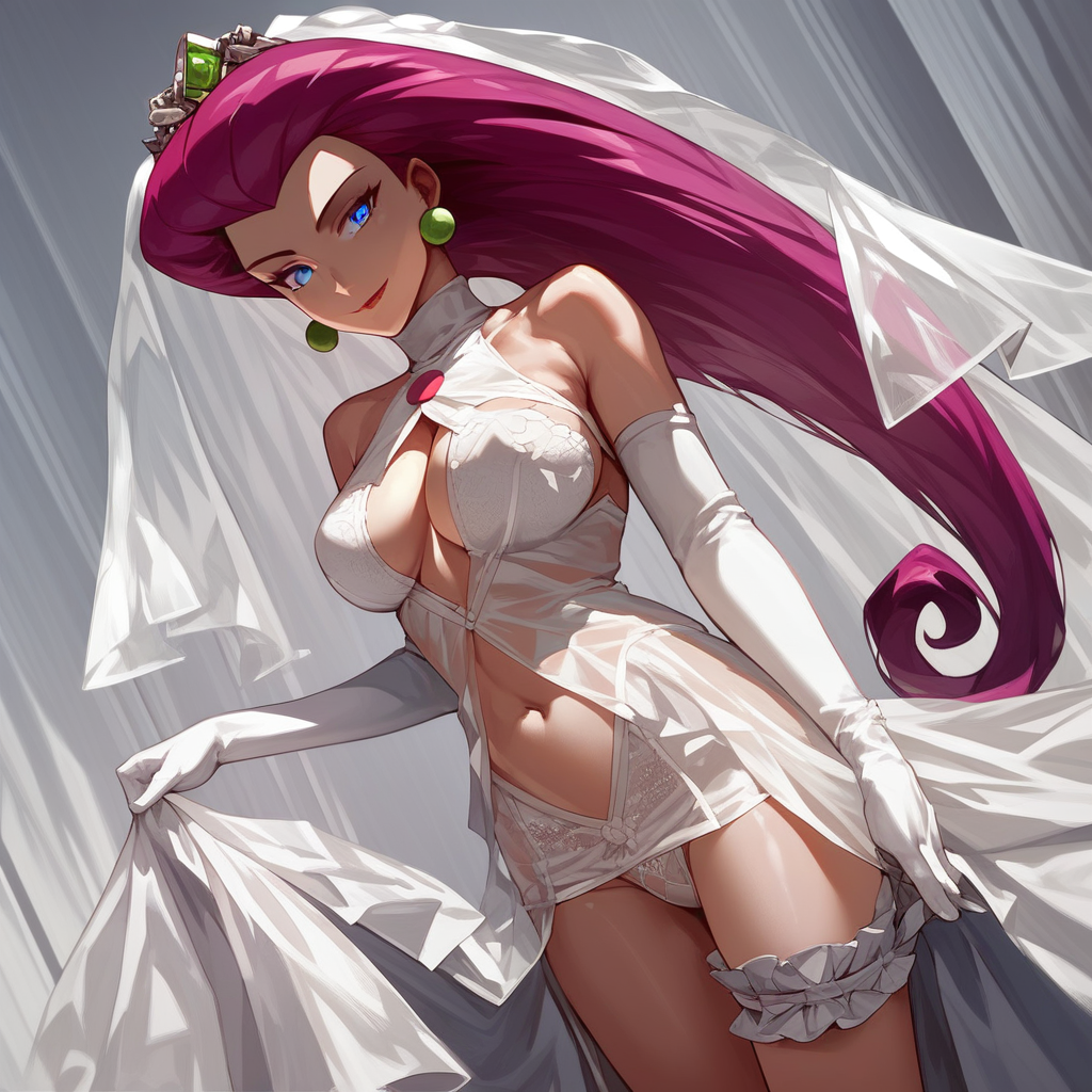 score_9, score_8_up, score_7_up,source_anime, BridallingerieXL, high res image, masterpiece, best quality,high detailed,very aesthetic, absurdres, BREAK, Jessie\(Pokemon\), 1woman, cute face,clear skin,shiny hair,ultra detailed eyes,(black_hair:1.5),(long_hair),blue_eyes, bare_shoulders,revealing_clothes, bridal_lingerie, bridal_veil, bridal_garter, elbow gloves, white ribbon, white silk, see-through,light_smile, cowboy_shot, dutch_angle,