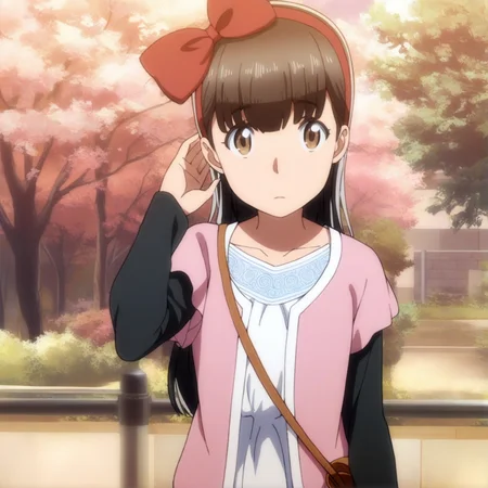 masterpiece, best quality, score_9,
<lora:Hitomi_hinamatsuri_v11:1>, hitomi_il, 1girl, solo, brown_hair, bangs, hair_between_eyes, brown_eyes, hair_ribbon, long_hair, pink_sweater, white_blouse_with_black_sleeves, blue_patterned_trim, brown_bag, upper body,
