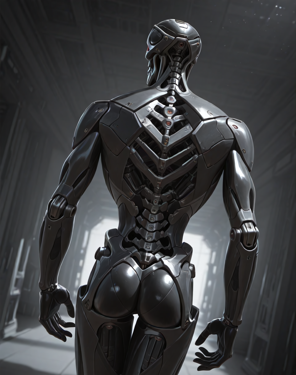 <lora:Rev_9_(Terminator)_(Illustrious)_(AD):1> Rev 9, endoskeleton, robot, 
((
exterior, science fiction,
dutch angle, dynamic action, male focus, solo, villain, solo, powerful, superiority, brushed titanium, back view, butt, 
)),
BREAK: very awe, aesthetically pleasing, masterpiece, best quality, amazing quality, very aesthetic, depth of field, absurd details, depth of field, atmospheric rendering, natural shading, soft shading, photographic realism, 8K 3D CGI render,
BREAK: lazympos, lazypos (3),