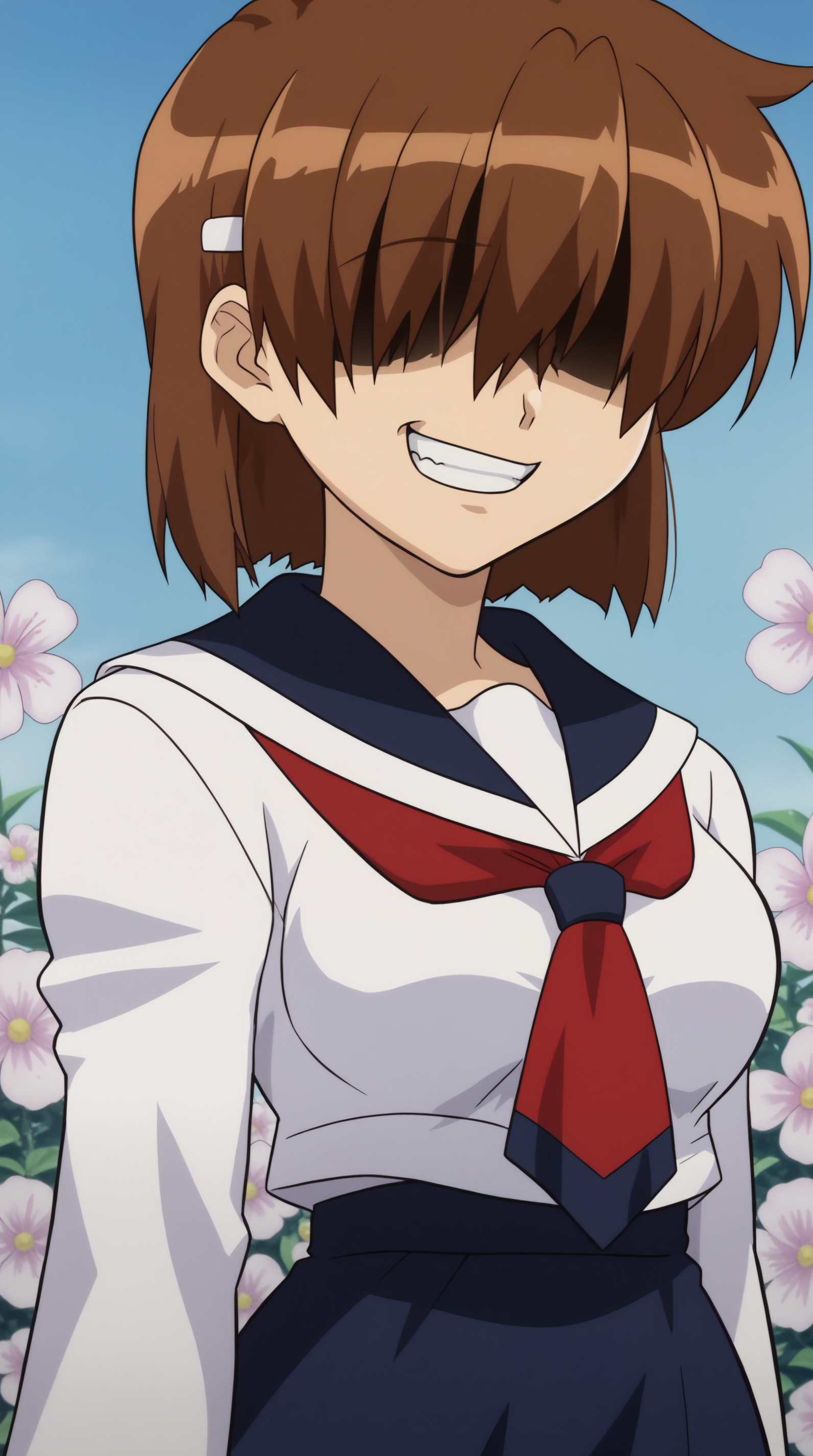 score_9, score_8_up, score_7_up,anime_source, source_anime, best background, detailed background, anime screencap, 4k, upscale,  Kirie Kojima, Main Outfit, solo, smile, flower, grin, hair over eyes, no eyes, angry, tsundere, grin,  <lora:JN_Kirie_Kojima_Pony:0.8>