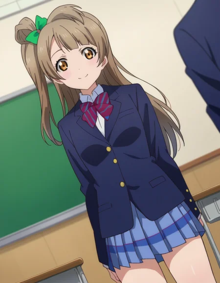 score_9, score_8_up, score_7_up, source_anime,
kotoriminami, <lora:kotori-minami-s1-ponyxl-lora-nochekaiser:1>,
kotori minami, brown hair, brown eyes, one side up, hair ribbon, ribbon, long hair,
blazer, blue skirt, jacket, otonokizaka school uniform, pleated skirt, school uniform, winter uniform,
indoors, classroom, smile,
looking at viewer, dutch angle, cowboy shot,