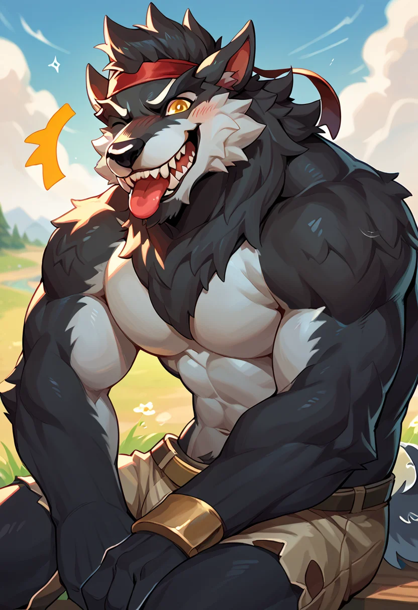 score_9, score_8_up, score_7_up, (male:1.2), solo, furry, anthro, canine, (muscular:0.3), bara, shirtless, black fur, yellow eyes, topless, blush, smiling, happy, looking at viewer, cute:1.2, sitting, tailwag, wink, grin, tongue out, <lora:Dire_Fortnite:1>, dire, fortnite, werewolf