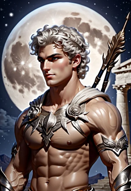 4k, digital art, semi realistic, fantasy, best quality, masterpiece, very detailed, wide camera angle, dynamic camera angle, dynamic pose, seen from the side, profile view, looking at camera, portrait of a male bodybuilder, 20 years old, pale skin, platinum hair, curly hair, short hair, wearing a silver headband, very handsome, silver eyes, big eyes, anime eyes, defined eyes, defined eyebrows, greek god, greek warrior, wearing a silver tunic, with a bow and arrow, ancient greece, standing on a greek temple, surrounded by deers, night sky on the background, big moon (cinematic light, volumetric), splash art,