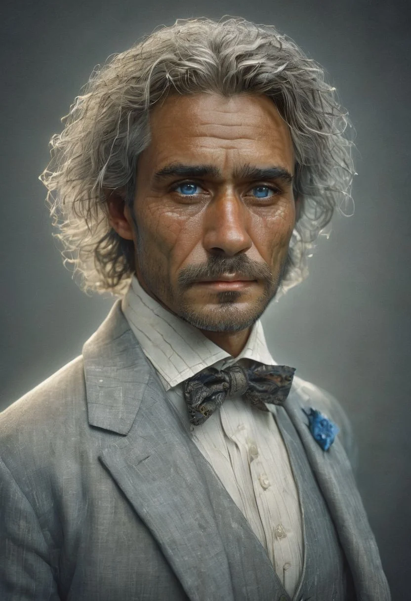 score_9, score_8_up, score_8, score_7_up, score_7, score_6_up, score_6, score_5_up, Score_5, 1man, the watchmaker, A man sitting in front of the spirits of his ancestors, caucasian European male, 40-year-old, wearing a linen suit, a white button down shirt with an ascot, snow white beautiful hair, steely blue-gray eyes, (looking at the viewer), perfectly detailed eyes and facial features, soulful expression, (deep emotion), spiritual, mystical, detailed character design, digital painting, cinematic style, atmospheric lighting, high resolution, (emotional depth), hauntingly beautiful, painstaking attention to detail, insane details, (meticulously detailed and textured skin), 8k resolution, a masterpiece
