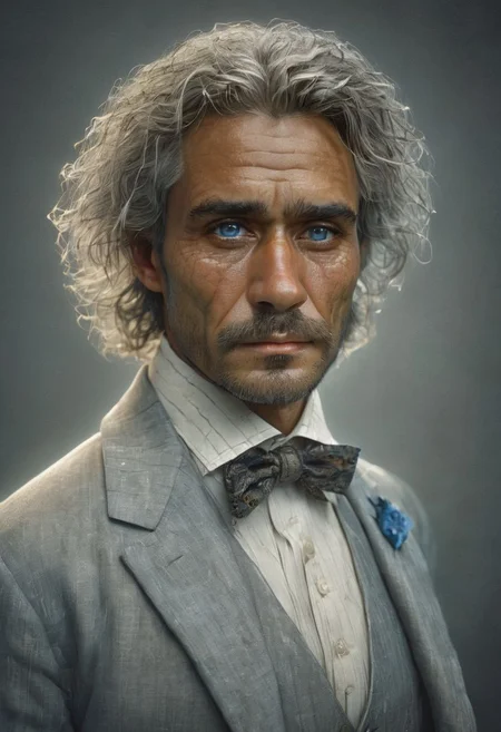 score_9, score_8_up, score_8, score_7_up, score_7, score_6_up, score_6, score_5_up, Score_5, 1man, the watchmaker, A man sitting in front of the spirits of his ancestors, caucasian European male, 40-year-old, wearing a linen suit, a white button down shirt with an ascot, snow white beautiful hair, steely blue-gray eyes, (looking at the viewer), perfectly detailed eyes and facial features, soulful expression, (deep emotion), spiritual, mystical, detailed character design, digital painting, cinematic style, atmospheric lighting, high resolution, (emotional depth), hauntingly beautiful, painstaking attention to detail, insane details, (meticulously detailed and textured skin), 8k resolution, a masterpiece