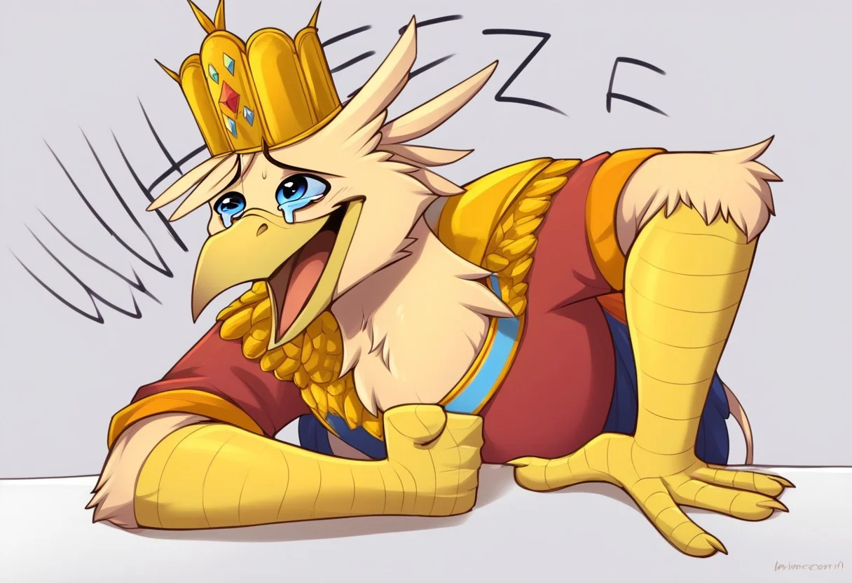 masterpiece, score_9_up, score_8_up, score_7_up, score_6_up, (best quality:1.1), ultra-detailed, high resolution, solo, grover_vi, griffon, feral, avian, beak, male, eyebrows, blue eyes, feathers, feathery ears, kaiser crown BREAK <lora:Wheeze_XLPD:1> Wheeze, open mouth, tears, laughing, hand on table, english text, clenched hand BREAK expressiveh, simple background, highly visible, sharp focus, anatomically correct, highly visible, sharp focus