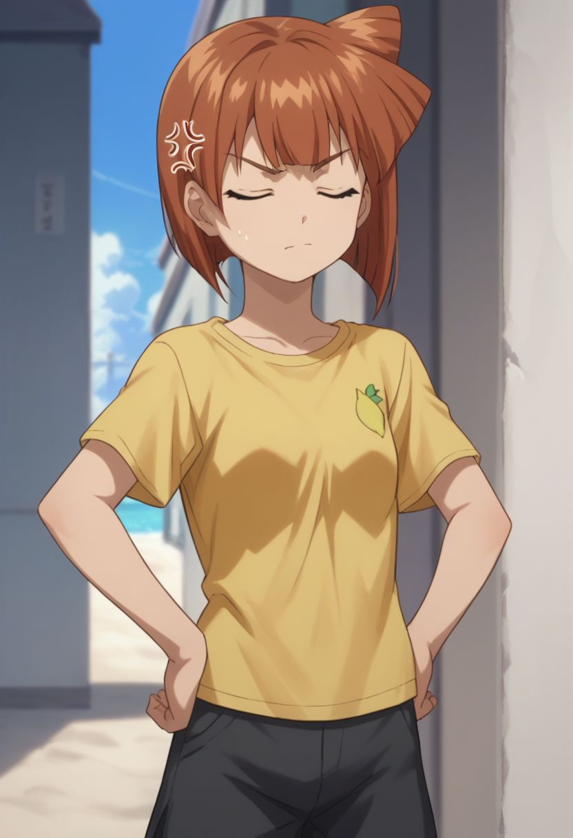 score_9, score_8_up, score_7_up, source_anime, 
eiko, 1girl, solo, shorts, short, hair, shirt, day side ponytail, yellow shirt, brown hair, bob cut, bangs, upper body, hands on hips, eyes closed, anger vein,
outdoor,