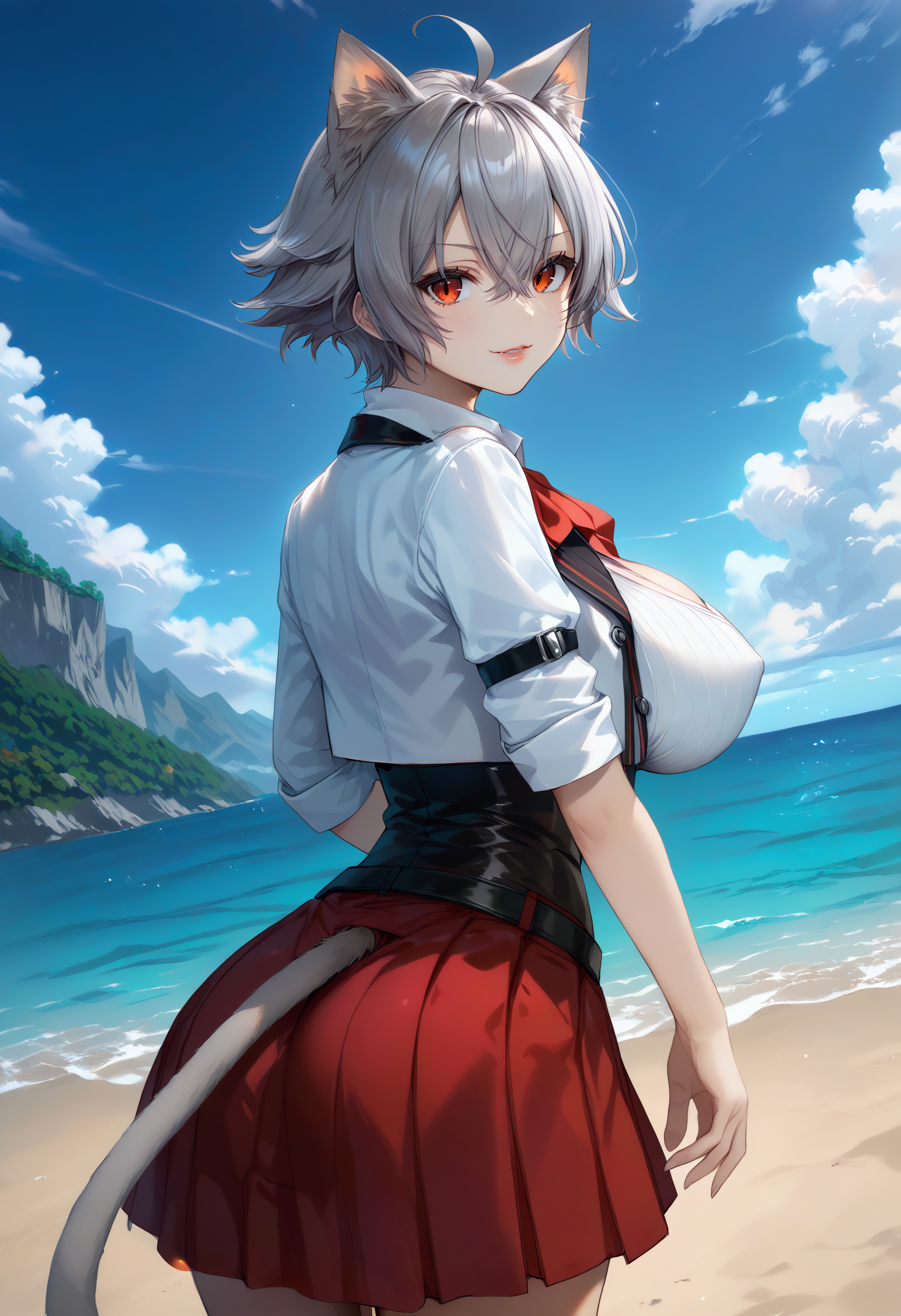 Score_9, score_8_up, score_7_up, masterpiece, best quality, 4k, anime, source_anime, zPDXL3, detailxl, ffacedetailxl, perfection style, perfection, perfect, is pretty, absurdres, hyperdetailed face, hyperdetailed eyes, hyperdetailed hair, hyperdetailed, detailed, pretty face, pretty, shiny,
BREAK <lora:[PONY] Hoseki_MushokuTensei_LiniaDedoldia_PDXL_v1:0.8> liniadeldodia, huge breasts, gray hair, red eyes,  slit pupils, cat ears, tail, short hair, ahoge, red neckerchief, white cropped jacket, arm belt, collared shirt, cleavage, black corset, red skirt, black belt, white socks, boots,<lora:[PONY] curvature slider_last:4>
BREAK
1girl,solo,
(Add layer:1.3), broad vision, magnificent panorama view,overlooking,
(cowboy shot:1.4),(dutch angle:1.3), (from behind:1.4),looking back,turning around,,
(assertive:1),(half-smile:0.5),
(covered nipples:1), (erect nipples under clothing:1),
outdoors, night, beach, sea, sky, ,
<lora:perfection style:1> <lora:[SDXL1.0] is_pretty:3> <lora:pubic hair_pony_V1.0:0.5> <lora:vivid_everclear:0.5> <lora:style07:0.5>