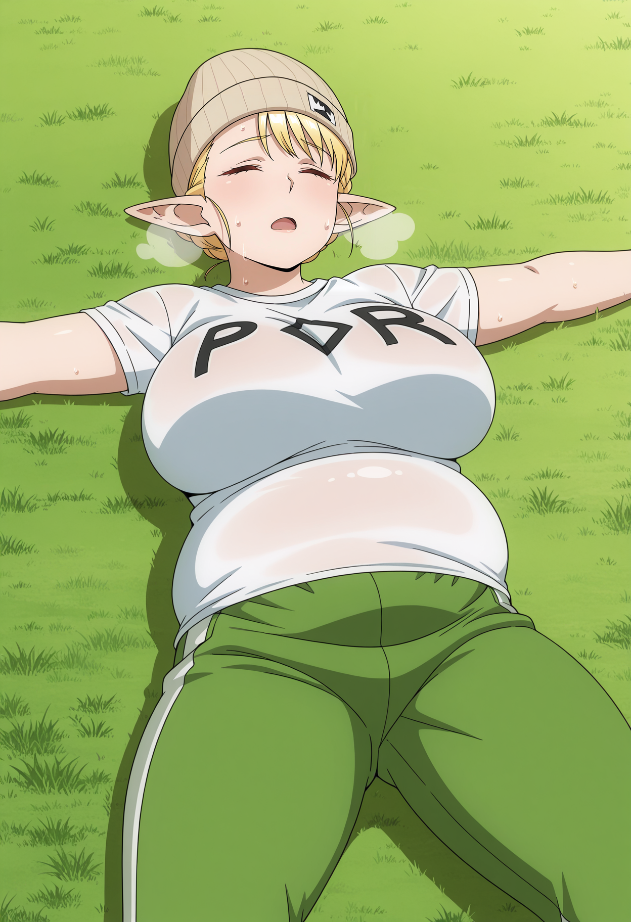 1girl,solo,mm,mature female,blonde hair,pointy ears,elf,braid,short hair,large breasts,anime coloring,
fat,plump,beanie,white shirt,track pants, green pants,sweat,heavy breathing, exhausted, open mouth, lying, on back,on grass, park,spread arms, legs apart, closed eyes, 
,masterpiece,best quality,amazing quality,<lora:Elfuda-Elf_san_wa_Yaserarenai:0.8>