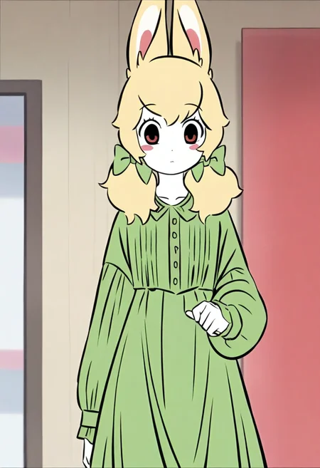 <lora:xiaoyu:1>,xiaoyu,1girl,solo,furry female,black eyes,red eyes,blonde hair,twintails,hair bow,animal ears,white skin,
green dress,dress,long sleeves,green bow,, masterpiece,best quality,amazing quality,absurdres, anime screenshot,