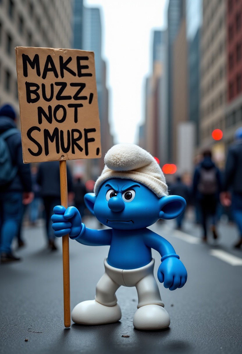 masterpiece, best quality, highly detailed, score_9, score_8_up, score_7_up, 
BREAK, 70mm lens, full-color photograph, shadows, cinematics lighting, volumetric lights, realistic lights, three quarter view, film grain, 
photograph of a tiny blue smurf, looking angry, in a street protest, in an empty city, carrying a sign that says: "MAKE BUZZ, NOT SMURF"