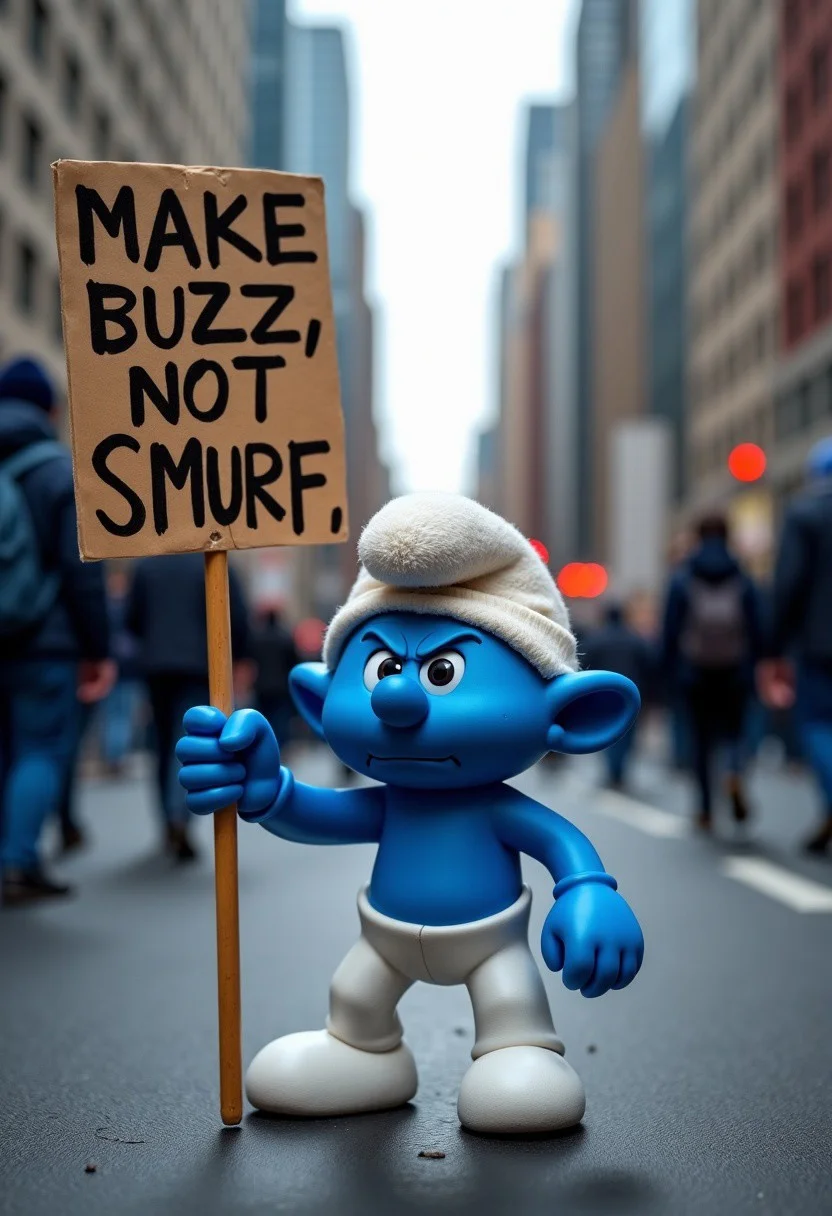 masterpiece, best quality, highly detailed, score_9, score_8_up, score_7_up,
BREAK, 70mm lens, full-color photograph, shadows, cinematics lighting, volumetric lights, realistic lights, three quarter view, film grain,
photograph of a tiny blue smurf, looking angry, in a street protest, in an empty city, carrying a sign that says: "MAKE BUZZ, NOT SMURF"
