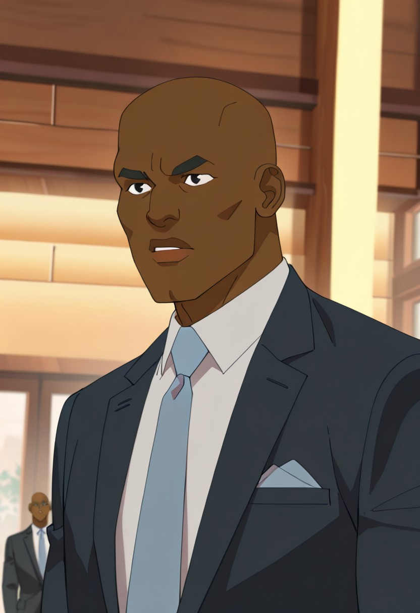masterpiece, best quality, newest, absurdres, highres, Invincible-show-style-INVPACK.V1.0,
1boy, Titan-INVPACK.V1.0, dark-skinned male, dark skinned, african, african male, bald, black eyes, suit, formal, necktie,