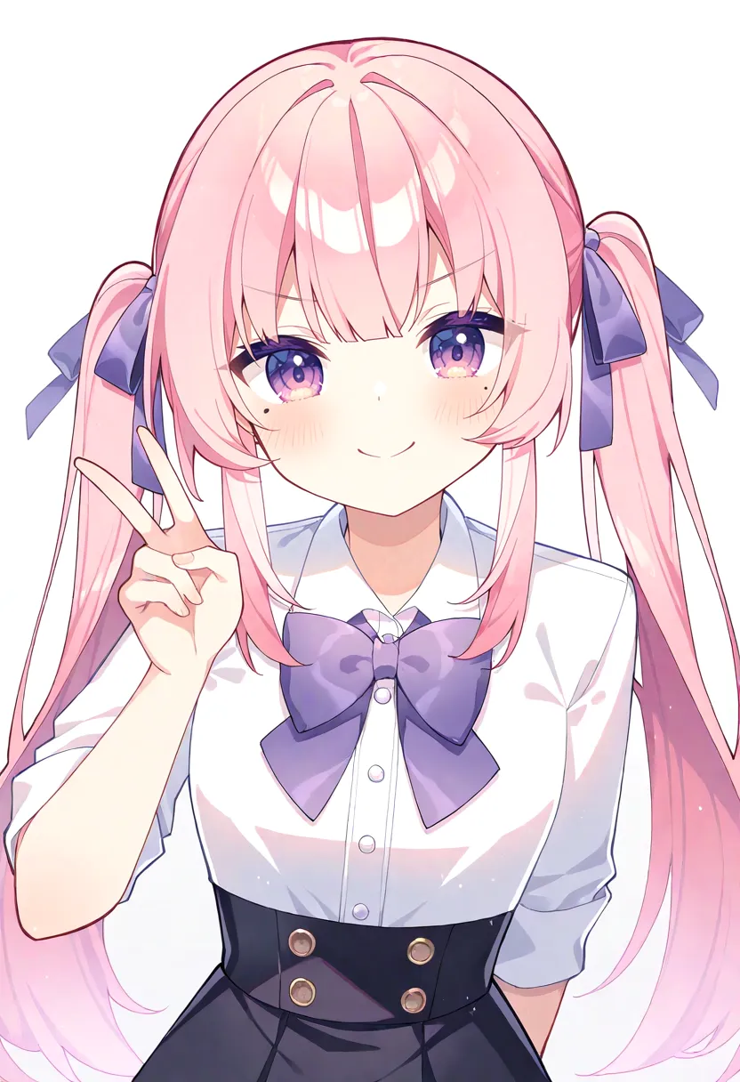1girl, hyou \(pixiv3677917\), blue ribbon, buttons, closed mouth, collared shirt, dress shirt, hair ribbon, long hair, mole under eye, pink hair, purple bow, purple bowtie, smile, solo, split mouth, twintails, v, v-shaped eyebrows, white shirt, very awa, very aesthetic, masterpiece, best quality, amazing quality, absurdres