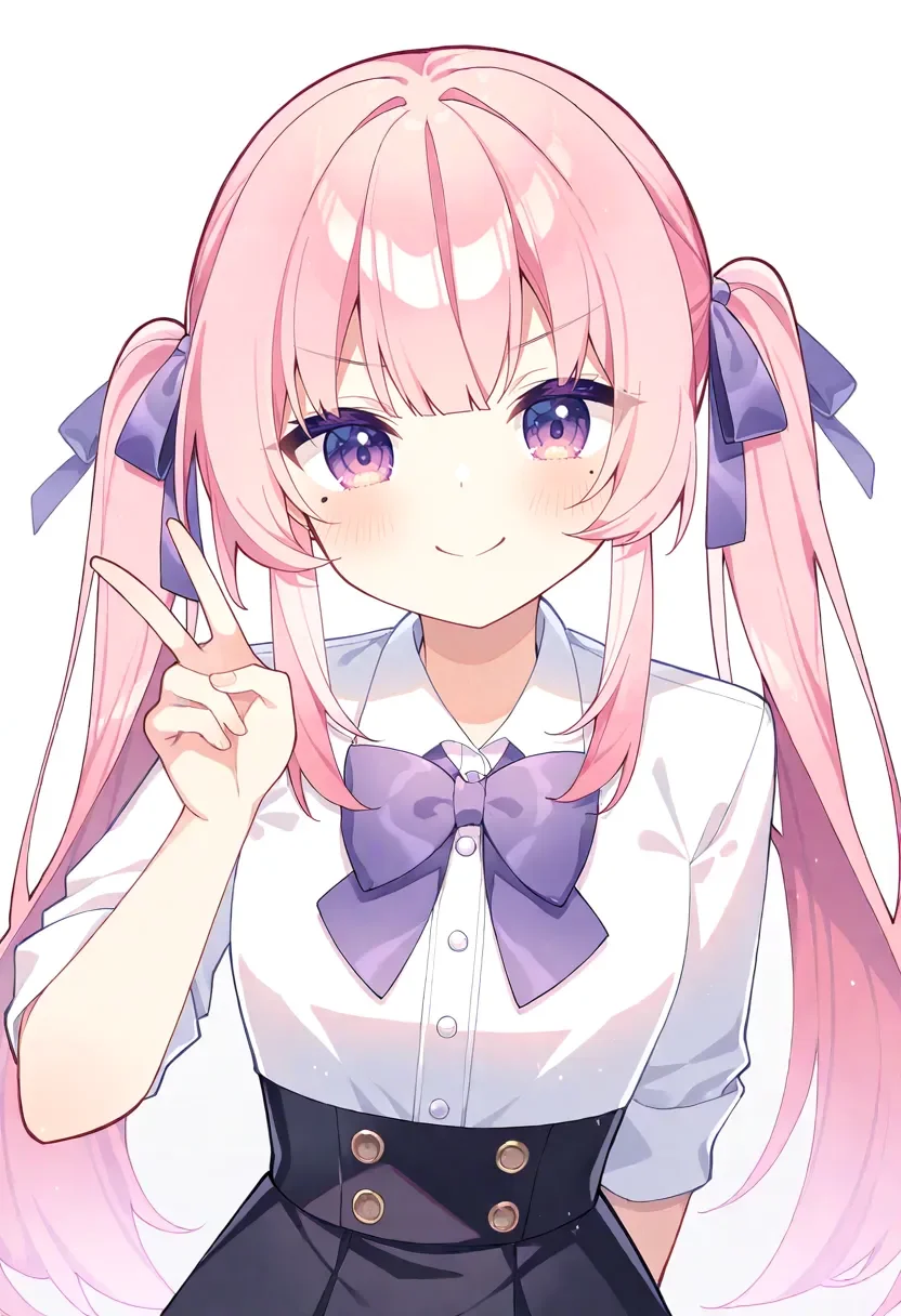 1girl, hyou \(pixiv3677917\), blue ribbon, buttons, closed mouth, collared shirt, dress shirt, hair ribbon, long hair, mole under eye, pink hair, purple bow, purple bowtie, smile, solo, split mouth, twintails, v, v-shaped eyebrows, white shirt, very awa, very aesthetic, masterpiece, best quality, amazing quality, absurdres