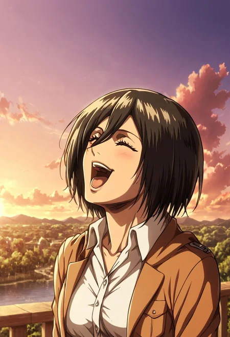 1girl,mikasa ackermann, beautiful face, detailed eyes, detailed face, laughing, outside sunset