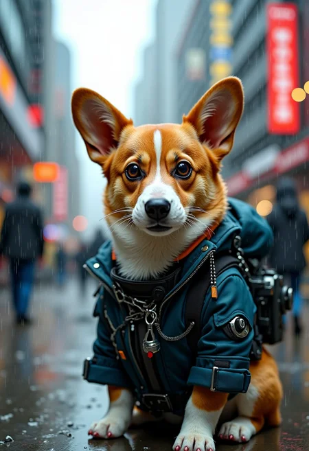 An adult corgi stands in a cyberpunk city, in the rain. He's wearing a cyberpunk style jacket. The corgi has an augmentation on his right eye and a lot of scars. Cyberpunk implants are visible on the corgi. A masterpiece, maximum detail, cinematography