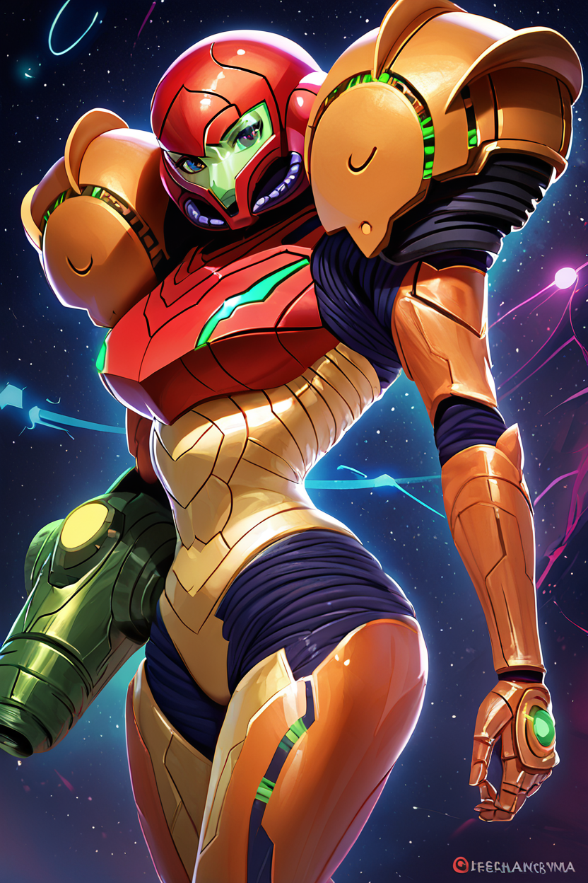 score_9, score_8_up, score_8, medium breasts, (curvy),   ,,, , ,,, zzSamus, varia suit, arm cannon, shoulder armor, pauldrons, armor, neon trim,  visor (armor), full armor,  <lora:SamusVariaSuit_PDXL:1.0>,     dynamic pose, side view,  ,,,, BREAK, smile, closed mouth, looking at viewer, cowboy shot, ,,, embedding:zPDXL, Expressiveh, ,,, <lora:Konpeto_PDXL_v3:1.0>, <lora:SDXLFaeTastic2400:0.5>, <lora:Expressive_H-000001:0.4>,