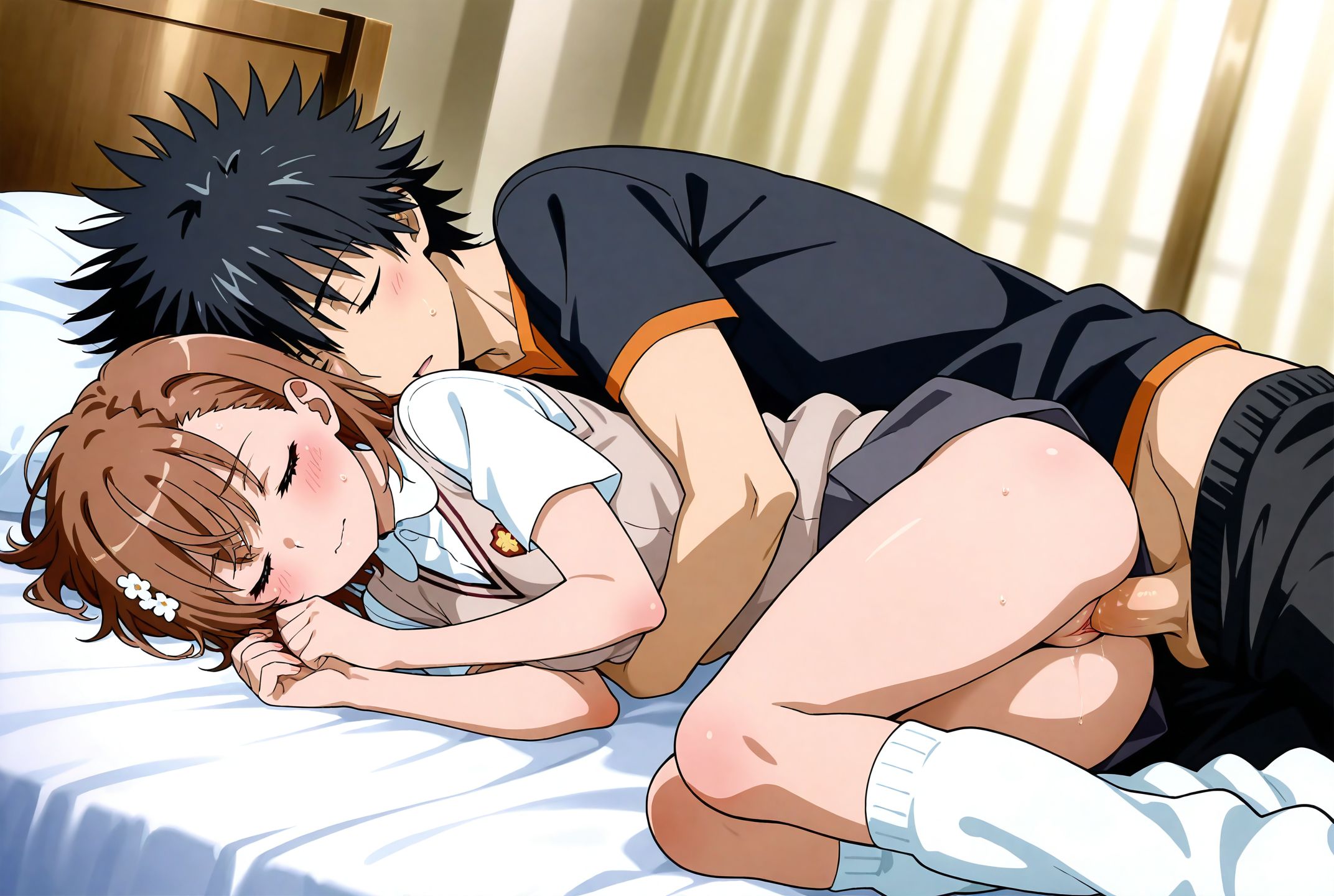 masterpiece, best quality, newest, absurdres, highres, detailed eyes, beautiful, detailed background, perfect eyes, anime coloring, anime screencap,
<lora:add-detail-xl:0.5>
<lora:Side-Lying_Intimacy:1>,Side-Lying_Intimacy,
1girl,1boy,hetero, breasts,on side, closed eyes,lying,uncensored, 
Side-Lying Intimacy,  Spooning with Extended ,sex from behind, 
full body, cuddling, 
BREAK
school uniform, loose socks, 
misaka Mikoto,    
Kamijou Touma,　
 adult couple, 	 20YO,
toaru kagaku no railgun , official art,