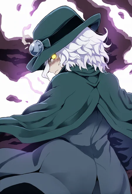 masterpiece, hyper detailed, best quality,(furry:1.3),edmond dantes \(fate\), 1boy, solo, male focus, hat, yellow eyes, looking back, white hair, looking at viewer, cloak, from behind, cape, simple background, white background, glowing, wavy hair, aura ,<lora:DAGASIXLlokr8f-000188:0.95>
