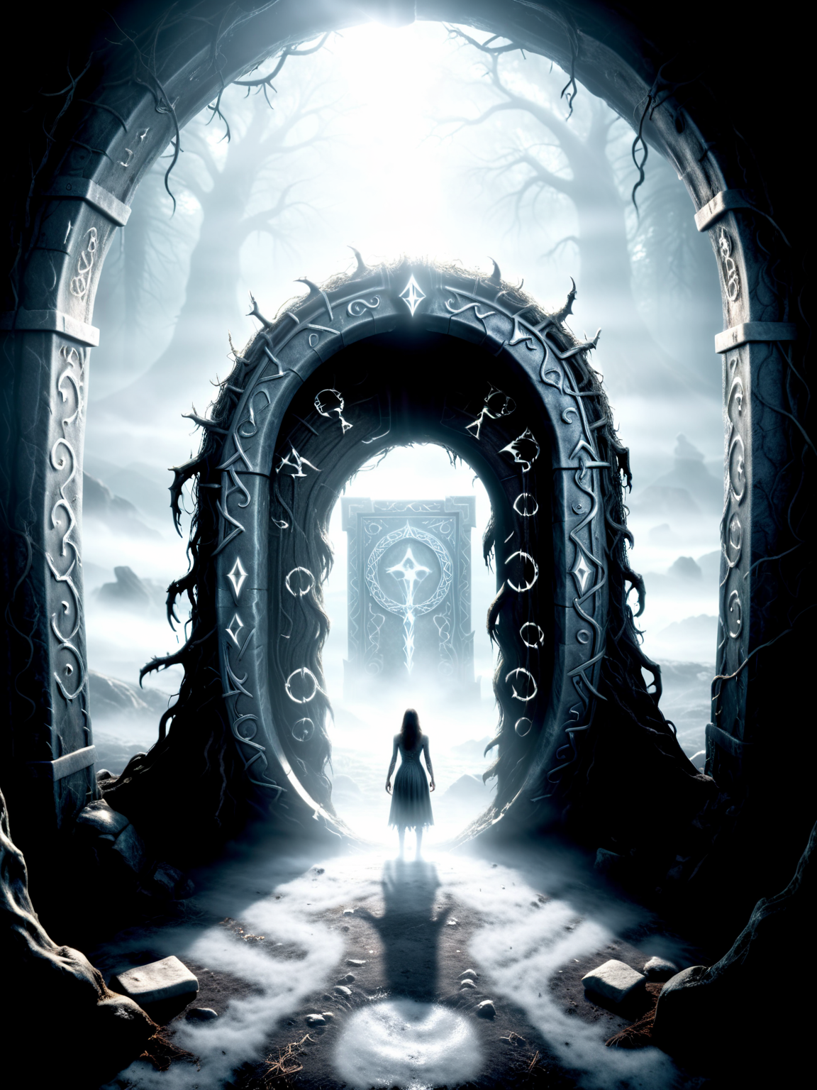 cinematic film still horror-themed A magical portal with brightly glowing silver runes stands as a gateway to a mysterious world.
 <lora:xl_more_art-full_v1:0.8>, eerie, unsettling, dark, spooky, suspenseful, grim, highly detailed, shallow depth of field, vignette, highly detailed, high budget Hollywood film, bokeh, cinemascope, moody, epic, gorgeous, film grain <lora:Dark Fantasy:1.2> Dark Fantasy