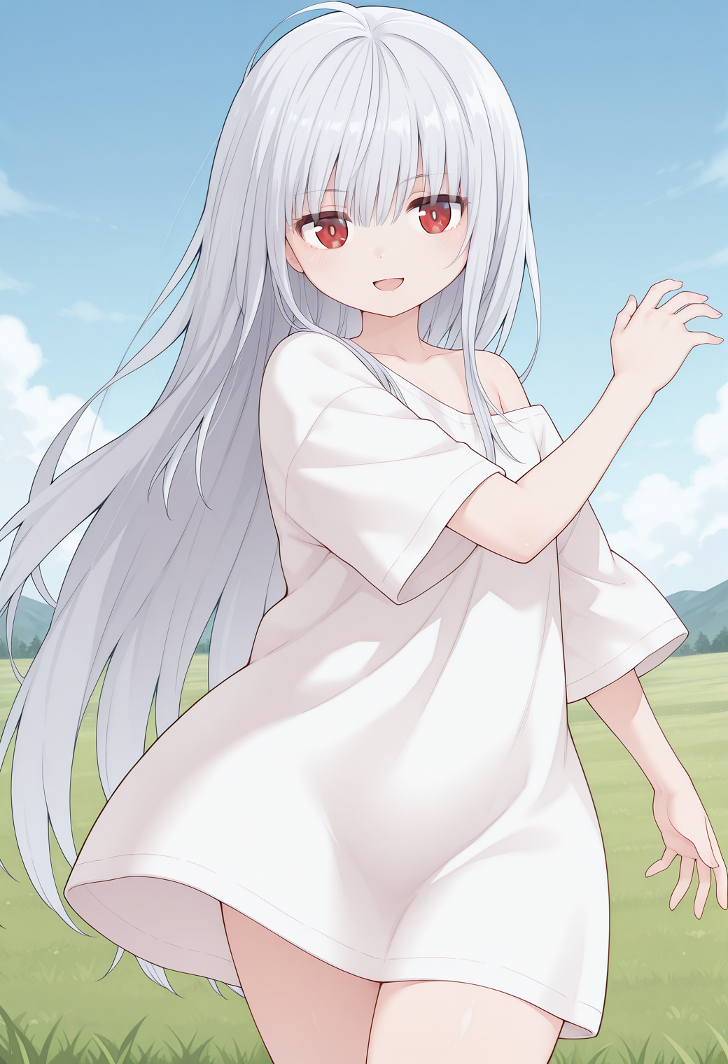 maisora_angel, red eyes, grey hair, long hair, very long hair, bangs, off shoulder, t-shirt, white shirt, oversized clothes, oversized shirt, <lora:maisora_angel_illustrious_ver1:0.8> 
smile, open mouth,, masterpiece, best quality, sensitive,, 1girl, solo, blue sky, (grasslands:1.2), looking at viewer,, (cowboy shot, dynamic pose:1.4),