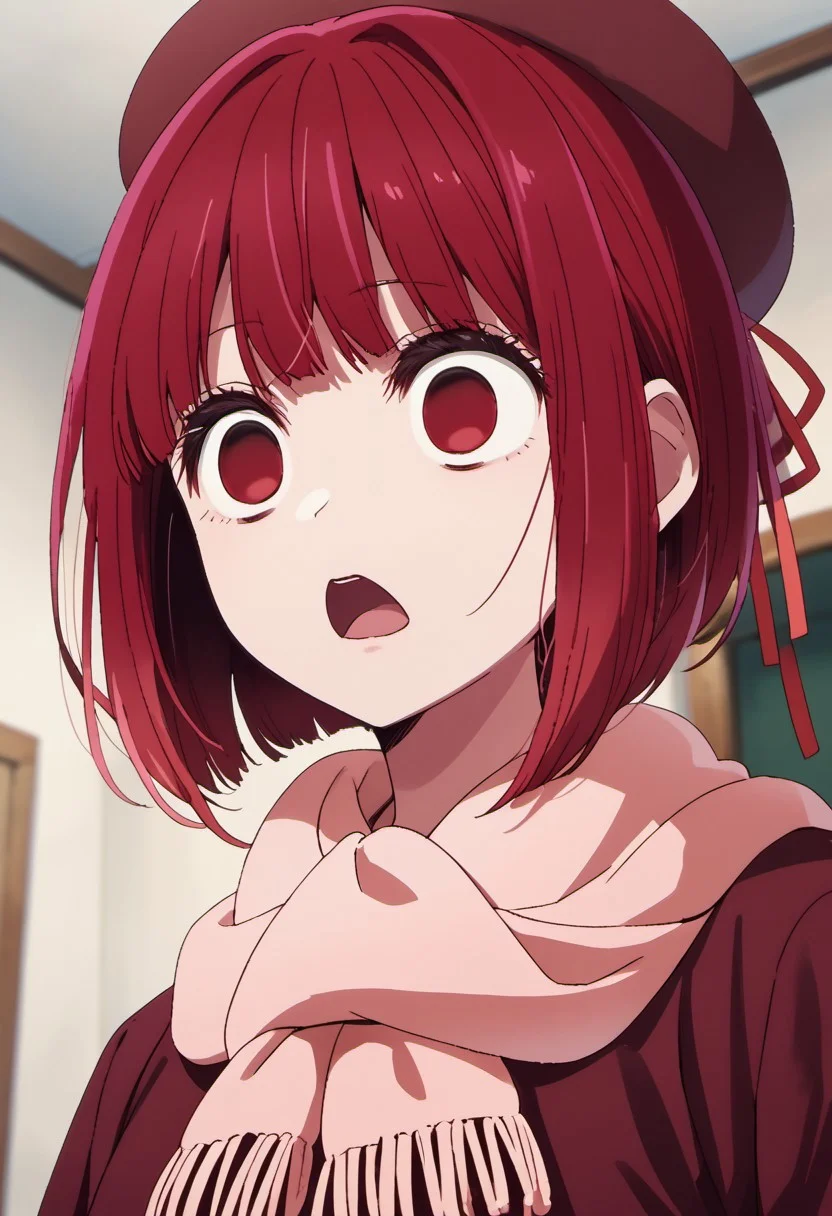 score_9, score_8_up, score_7_up, source_anime,arima kana, red hair, short hair, red eyes, 1girl, hat, solo, empty eyes, indoors, open mouth, ribbon, wide-eyed, scarf, upper body, hair ribbon