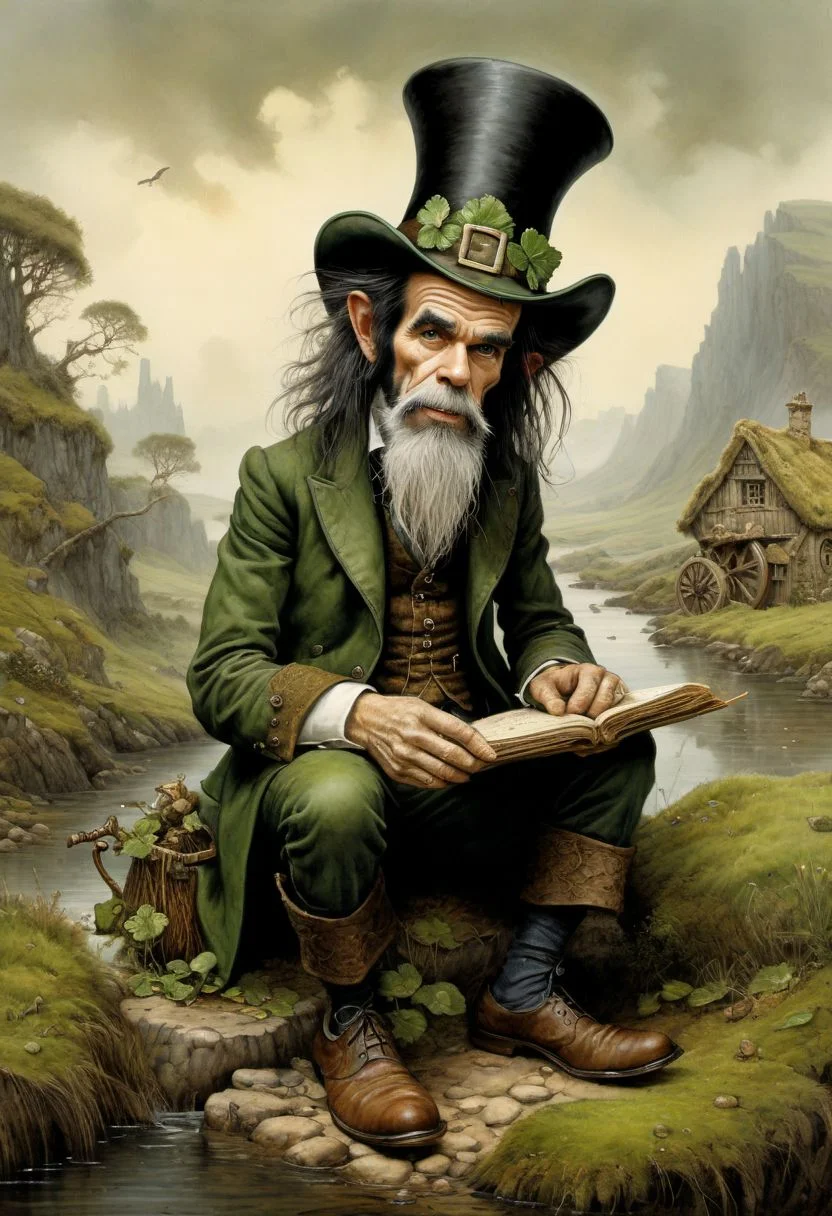 (masterpiece, best quality, ultra-detailed), Nick Cave as an old leprechaun, by Jean-Baptiste Monge, Irish landscape, Celtic traditions