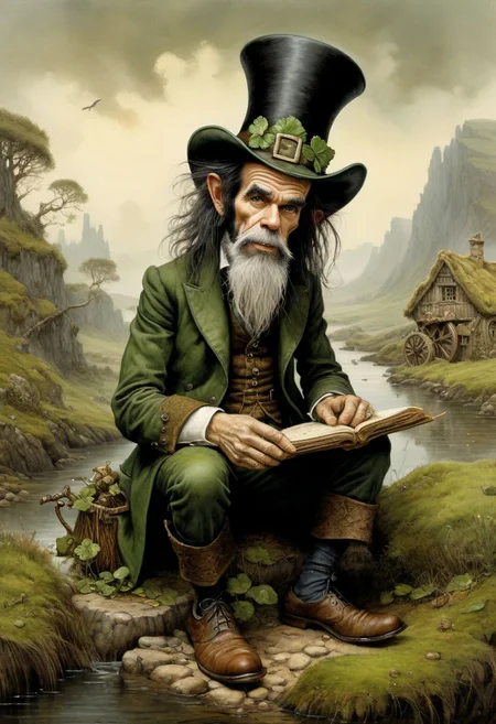 (masterpiece, best quality, ultra-detailed), Nick Cave as an old leprechaun, by Jean-Baptiste Monge, Irish landscape, Celtic traditions