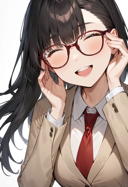 masterpiece, best quality, very aesthetic, absurdres,
1girl, solo, black hair, long hair,
Wellington22A, glasses, red-framed eyewear,
collared shirt, happy, smile, looking at another, adjusting eyewear, white background, simple background,
<lora:glasses_Wellington_cellframe1_SDXL_V1:0.8>