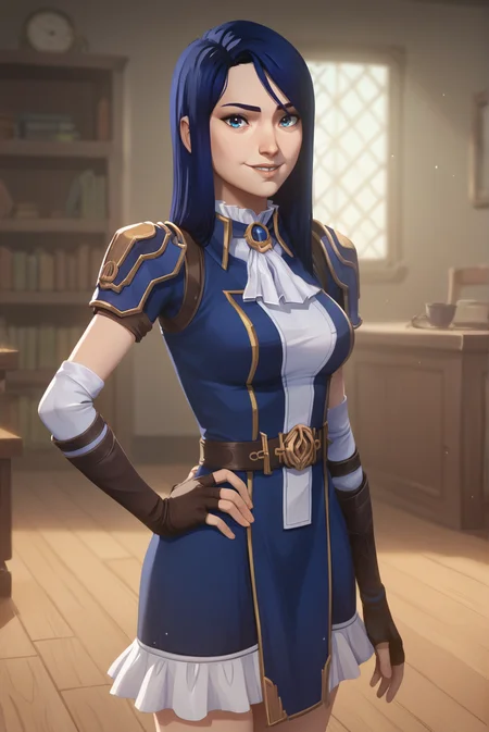 score_9, score_8_up, score_7_up, score_6_up, score_5_up, score_4_up, BREAK source_anime, 1girl, solo,
<lora:ArcaneCaitlynXL-v3-07:0.7>, ChopioCaitlyn, blue hair, shiny hair, blue eyes, looking at viewer,
medium breasts,
long hair, straight hair, parted hair, asymmetrical bangs,
outfit_1, white ascot, brooch, blue dress, shoulder armor, short sleeves, elbow gloves, fingerless gloves, brown belt, frilled dress,
indoors, bookshelf, wooden floor, standing, smile, hand on own hip,