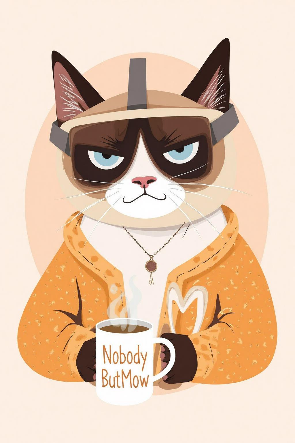 vector art.
Grumpy Cat holding a coffee mug, wearing a VR Headset. The mug has the phrase "NobodyButMeow" printed
 <lora:vectorart1_cap_d6a3:1.0><lora:844067997158054187:0>
