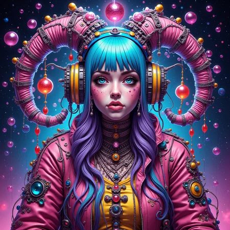 Surrealist illustration depicting a cyberpunk girl embodying vibrant colors and intricate details. The atmosphere is captivating and dreamlike, infused with an otherworldly essence. The background is elaborate and mysterious, transporting viewers into a magical realm. Symbolic imagery adds a thoughtful, provocative edge to the artwork.