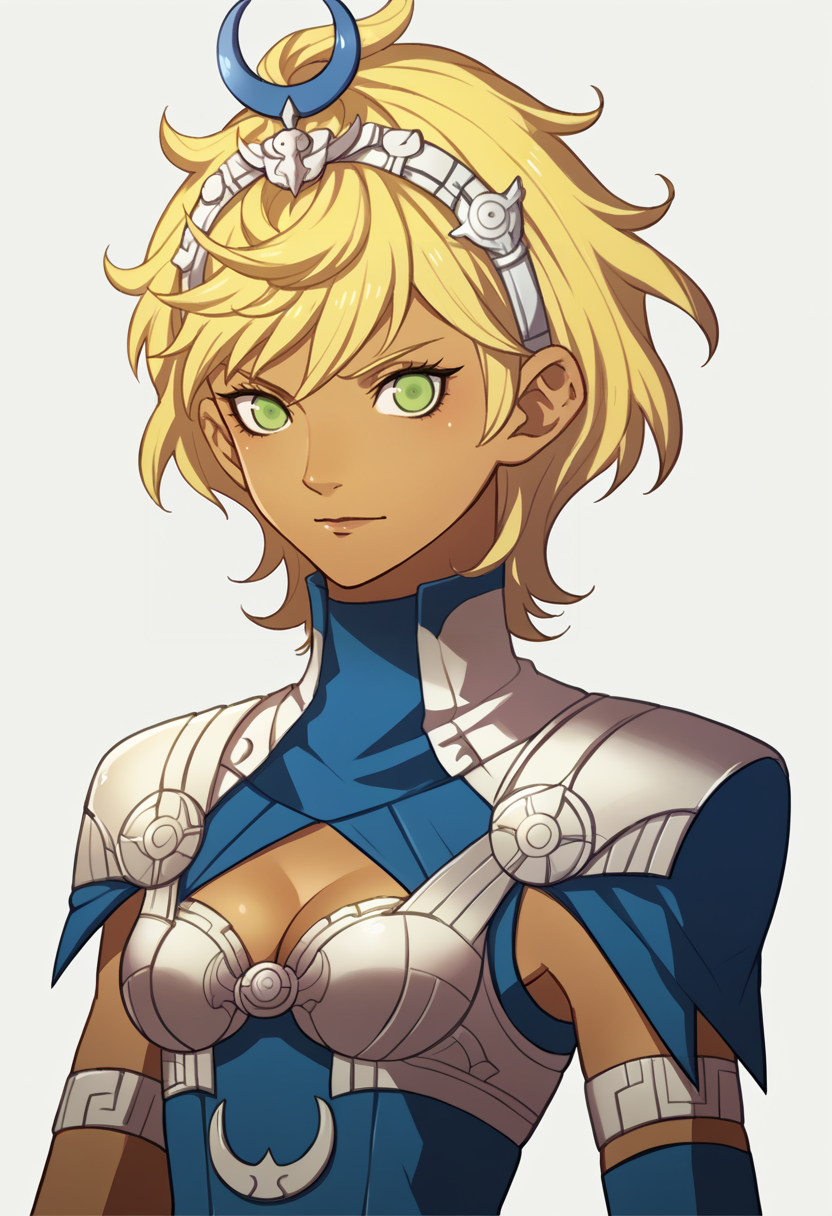 score_9, score_8_up, score_7_up, source_anime BREAK 1girl, solo,
<lora:zs_FE3HPortraitsXL:1> fe3hportraits, upper body, white background, looking at viewer,
 <lora:zs_ArtemisXL:1> artemissmtv, dark skin, blonde hair, short hair, green eyes, hair ornament, dress, cleavage, elbow gloves, cape,