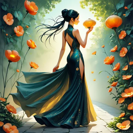 score_9, score_8_up, score_7_up, score_6_up, iconic, A full-body shot of a petite, graceful Chinese woman in a flowing, silk cheongsam. Her dark hair is styled in an intricate updo, adorned with delicate hairpins. She stands in a tranquil garden, her posture elegant and serene, her expression calm and composed., highly detailed, backlight <lora:ponys-dream:.9>