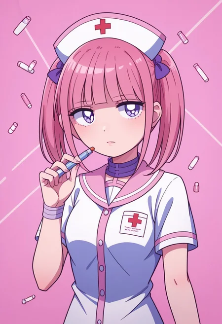 score_9, score_8_up, score_7_up,
masterpiece, best quality, detailed, amazing quality,
detailed background,
detailed eyes, clean eyes,
dynamic pose,
easynegative,
solo, 1girl, menhera-chan, nurse, nurse cap, pills, medicine, medicine in hand,