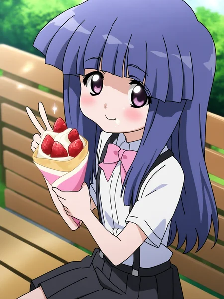 higurashikira, anime screencap, anime coloring, 1girl, solo, furude rika, safe, general, (petite:1.2), blue hair, purple eyes, long hair, bangs, ((flat_chest)), bow, skirt, shirt, suspenders, smile, short sleeves, pleated skirt, white shirt, pink bow, facing viewer, suspender skirt, school uniform, black skirt, collared shirt, blush, bowtie, dress shirt, upper_body, sparkle, outdoors, wooden bench, sitting on bench, eating, food, holding crepe, crepe, Crepes with blueberries strawberries and chocolate. happy, looking at viewer, ((V)), 
(masterpiece, best quality, absurdres, highres, newest, very awa, year 2024:1.2),  